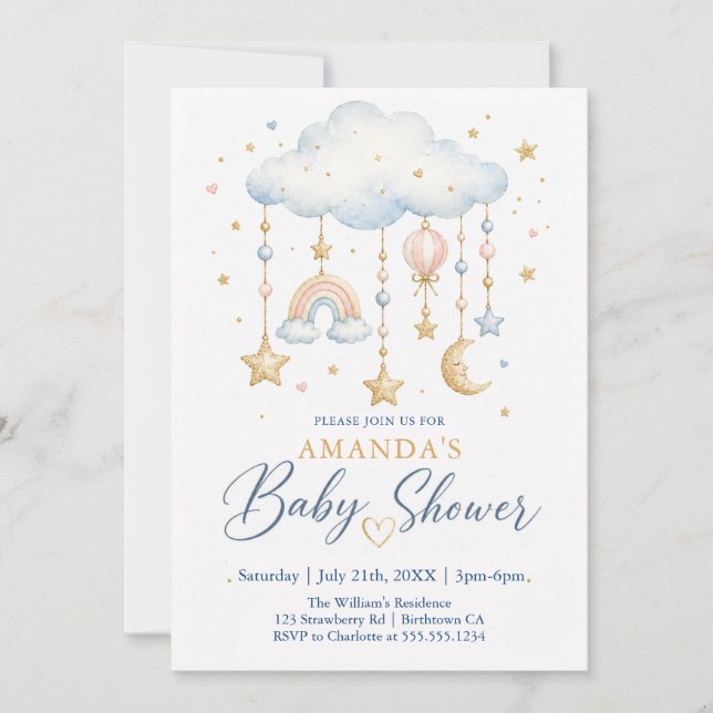 Moln Måne Regnbåge Akvarell Baby Shower Inbjudningar (Framsida)