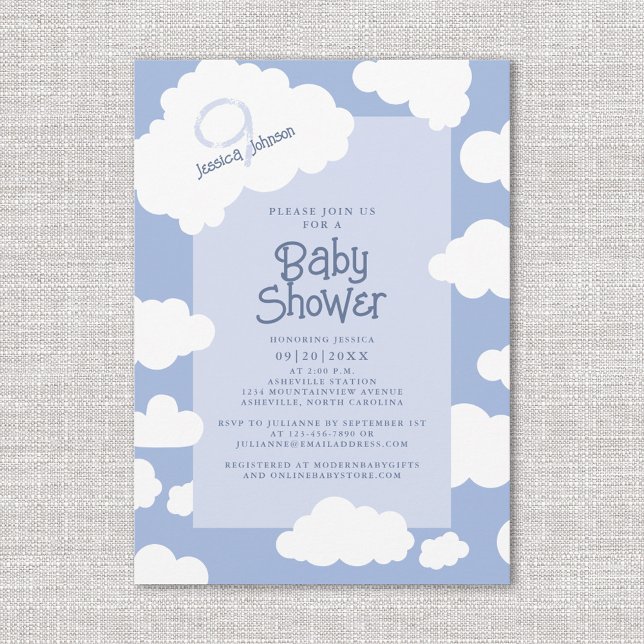 Moln nio Bebisdusch Cute Whimsical Party Inbjudningar (Cloud Nine 9 Baby Shower Cute Whimsical Party Invitation)