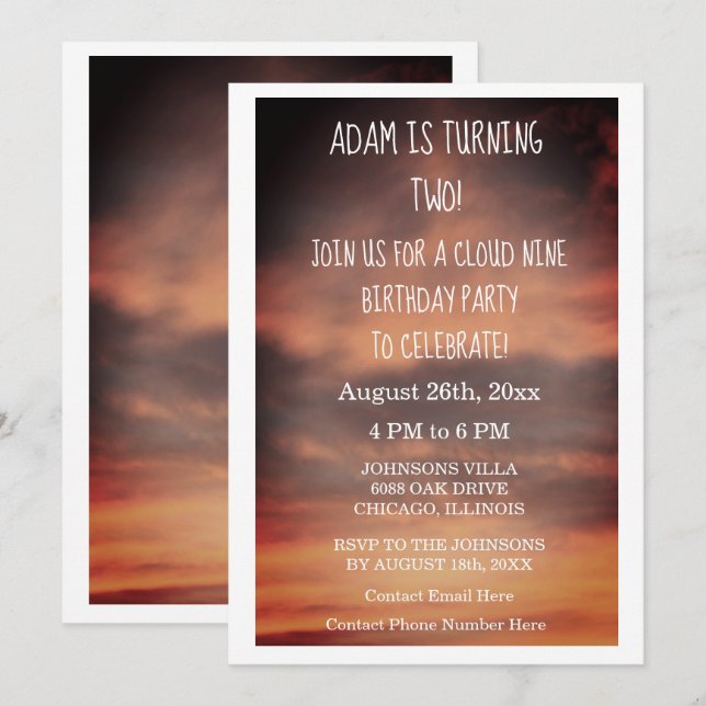 Moln Nio Födelsedagsfest 2:a Anpassningsbarna Inbjudningar (Fram/baksida)