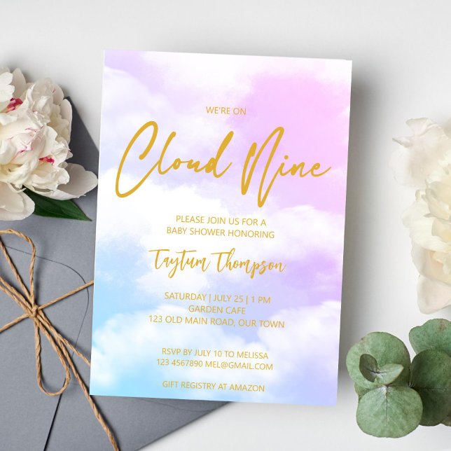 Moln nio rosor och blå babydusch inbjudningar (Cloud nine baby shower invitation pink and blue ombre clouds modern gold script template invite)
