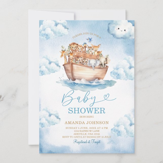 Moln Noaks ark Ljusblå Bebis-babyshower Inbjudningar (Framsida)
