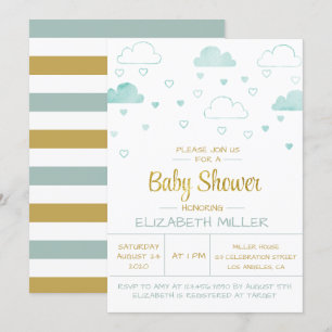 Moln och örhängen Blue och Guld Baby Shower Inbjudningar