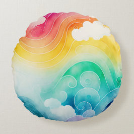 Moln och regnbåge med vattenfärg Färgad Dekorativ Rund Kudde