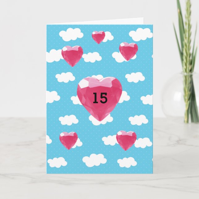 Moln och Rosa Hjärtat Hjärtat 15: e födelsedagen Kort (Framsida)