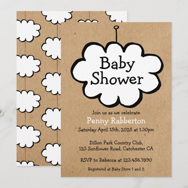 Moln på ett snöre Rustik kraft baby shower Inbjudningar (Fram/baksida)