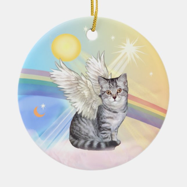 Moln - Silver Tabby Tiger Cat Angel Julgransprydnad Keramik (Framsidan)