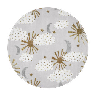 Moln, sol och måne, minimalistiskt mönster.