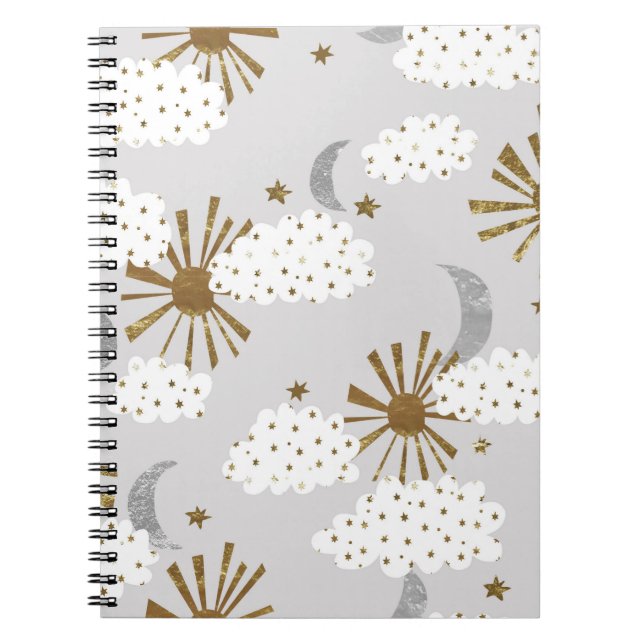 Moln, sol och måne, minimalistiskt mönster. anteckningsbok (Framsidan)
