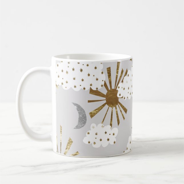 Moln, sol och måne, minimalistiskt mönster. kaffemugg (Vänster)