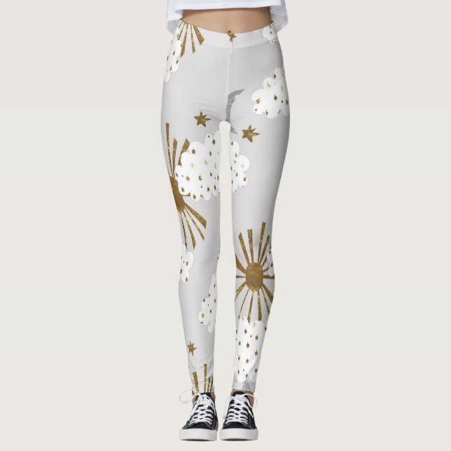 Moln, sol och måne, minimalistiskt mönster. leggings (Framsida)