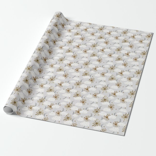 Moln, sol och måne, minimalistiskt mönster. presentpapper (Utrullad)