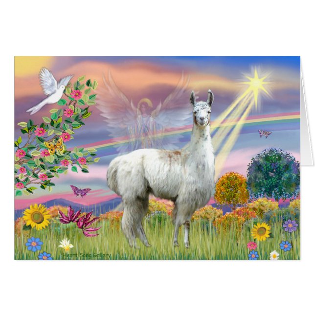Molnängel och lama hälsningskort (Framsidan Horizontal)
