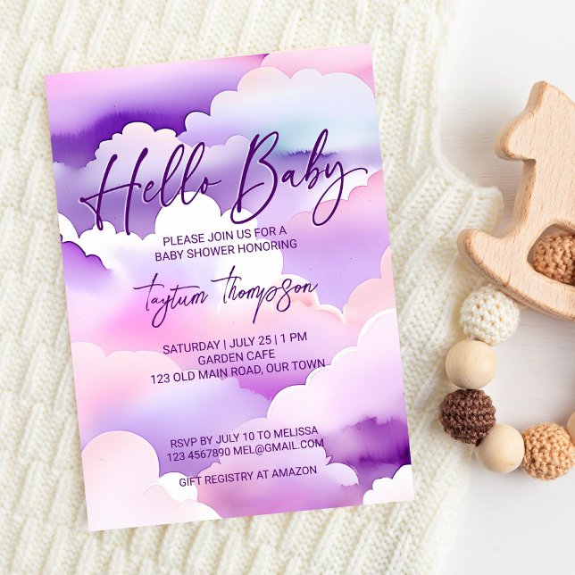 Molnbabydusch lila moln babydusch inbjudningar (Cloud baby shower purple clouds baby shower editable template invitation digital download hello baby)
