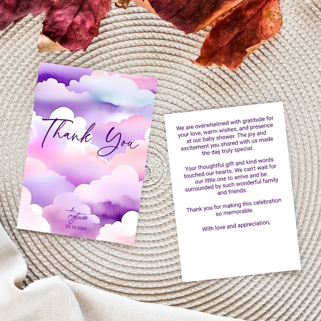 Molnbabydusch lila moln babydusch tack kort (Cloud baby shower purple clouds baby shower thank you card watercolor clouds thank you cards)