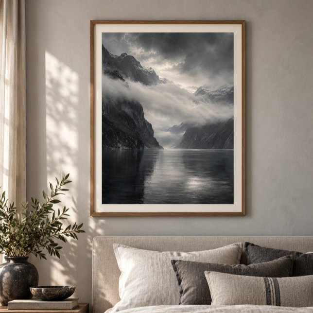 Molnbank över Fjord Konsttryck Poster (Styled display of Cloudbank over the Fjord Art Print. Frame, mat and furnishings shown for illustration; select framing options separately.)