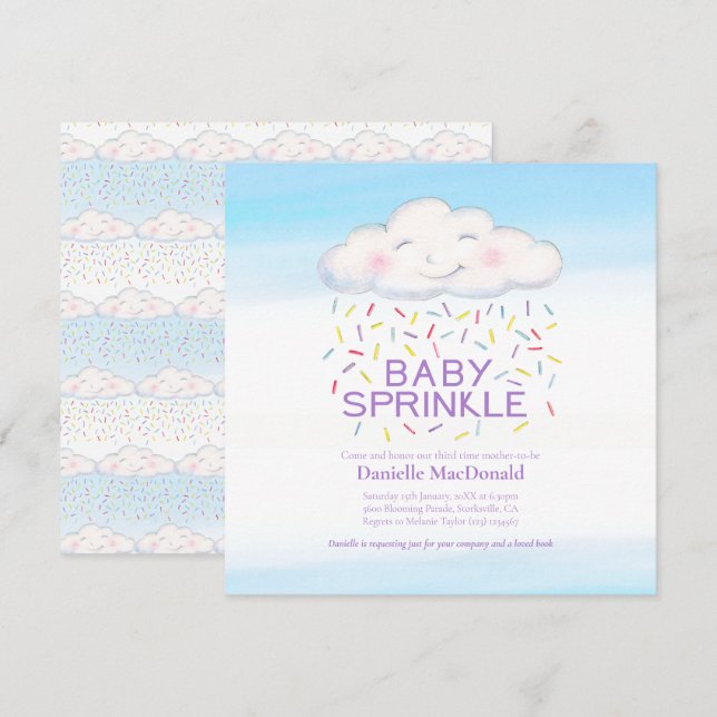 Molngodis baby sprinkle vattenfärgsruta inbjudningar (Fram/baksida)