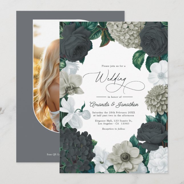 Molngrå, kolgrå skiffer & mjuk vit bröllopsinbjuda inbjudningar (Fram/baksida)