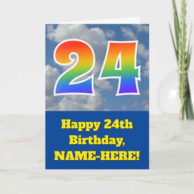 Molnig blå himmel, regnbågsmönster "24" födelsedag kort (Framsida)