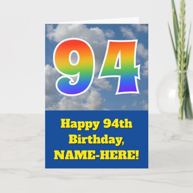 Molnig blå himmel, regnbågsmönster "94" Födelsedag Kort (Framsida)