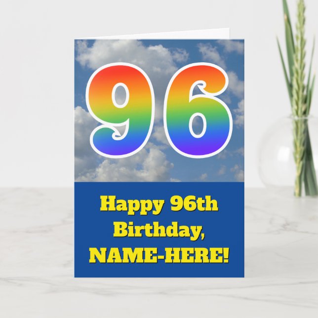 Molnig blå himmel, regnbågsmönster "96" födelsedag kort (Framsida)
