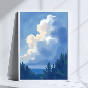 Molnig himmel Blå skog akvarellmålning Poster