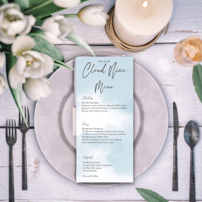 Molnmall för nio möhippor meny (Cloud nine bridal shower menu cards template grey modern casual script simple minimalist design)