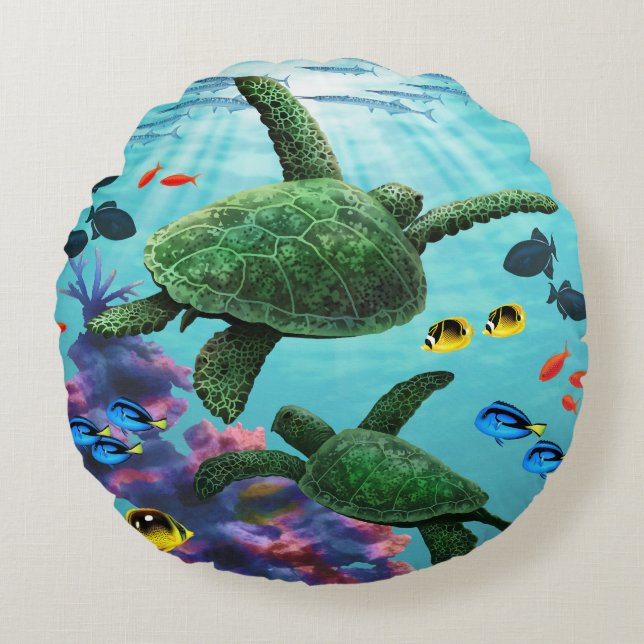 Molokini Cove Hawaiian Sea Turtles Reversible Rund Kudde (Framsidan)