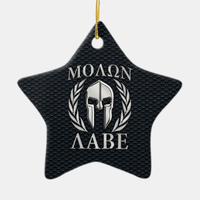 Molon Labe Chrome som Spartan Helmet på Grille Julgransprydnad Keramik (Framsidan)