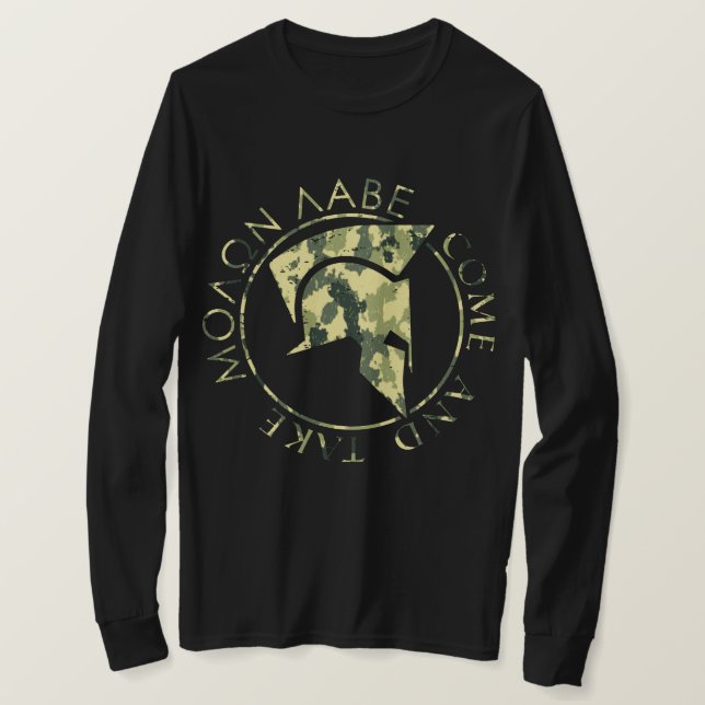 Molon Labe Spartan Helmet Milio Camo Manars T Shirt (Design framsida)