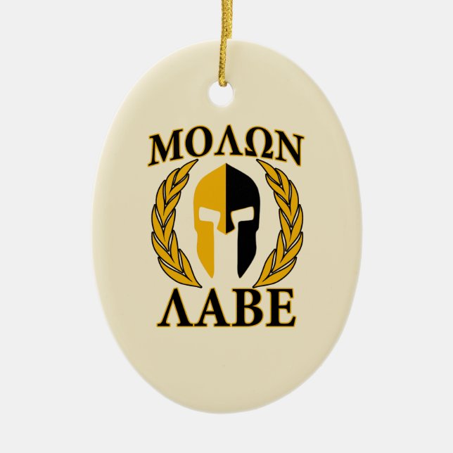 Molon Labe Spartan Mask Laurels Beige Decor Julgransprydnad Keramik (Framsidan)