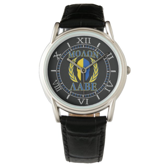 Molon Labe Spartan Mask Laurels Gult Blue Dial Armbandsur (Framsida)