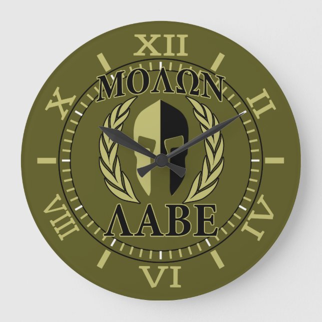 Molon Labe Spartan Mask Laurels Oliv grönt dial Stor Klocka (Framsida)