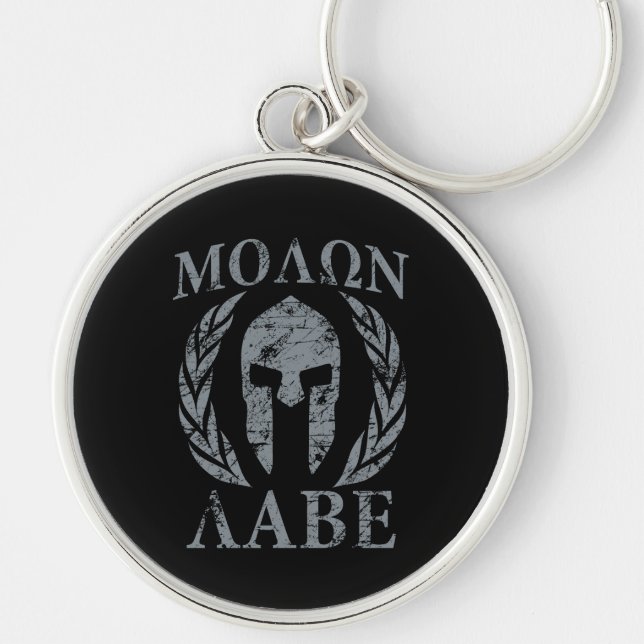 Molon Labe Warrior Mask Laurels på Black Rund Silverfärgad Nyckelring (Framsidan)