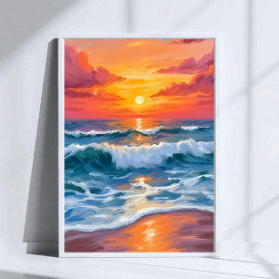 Molten Horizon Ocean Waves Solnedgång Akvarell Poster