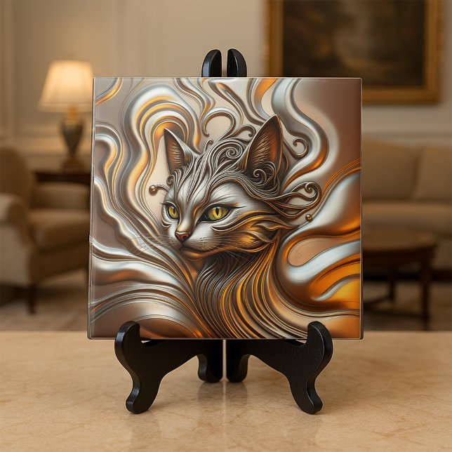 Molten Metallic Guld och Silver Cat Head Kakelplatta (Skapare uppladdad)