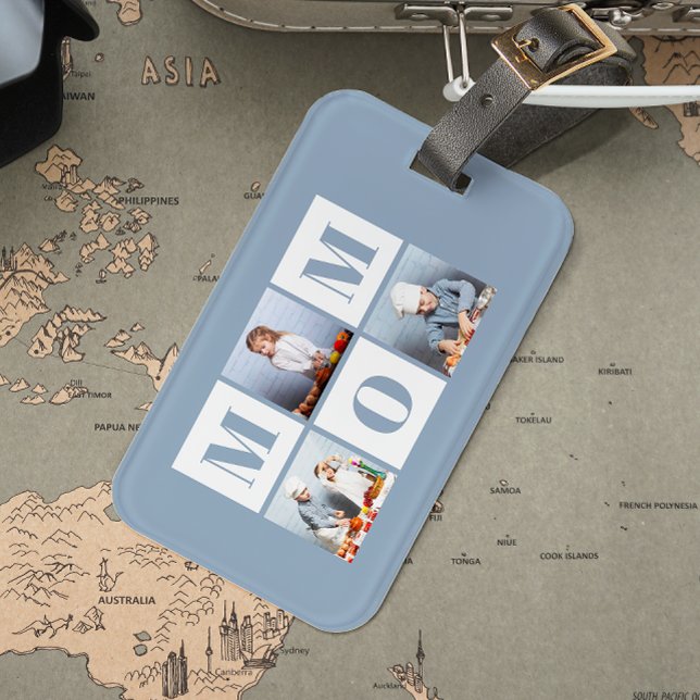 Mom 3 Photo Collage Dusty Blue Bagagebricka (Skapare uppladdad)