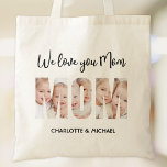 Mom 3 Photos Cutout Letters Tygkasse<br><div class="desc">Your Mom will be delighted with this charming keepsake photo tote bag featuring the word MOM as photo cutouts. 
It is easily customizable with your photos and names. Makes a wonderful gift for Mother's Day or her birthday.</div>