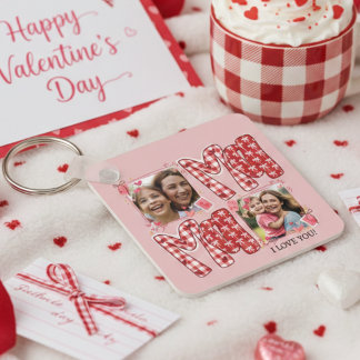 Mom and Child Photo Red Plaid Valentine Hearts Nyckelring