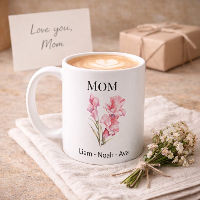 Mom August Birth Flower with Kids Names Kaffemugg (Skapare uppladdad)
