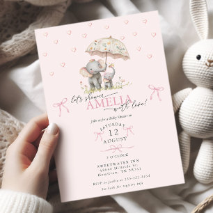 Mom & Baby Elefant med Paraply Babyflicka Shower Inbjudningar