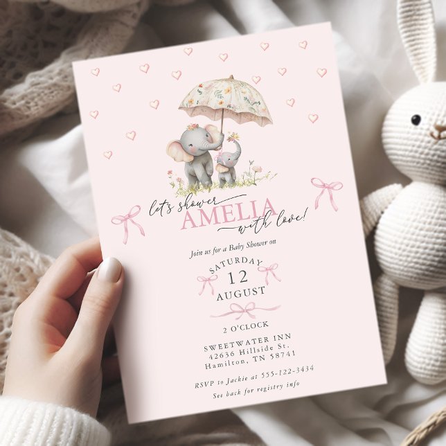Mom & Baby Elephant with Umbrella Baby Girl Shower Inbjudningar (Mom & Baby Elephant with Umbrella Baby Girl Shower Invitation)