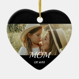 Mom Est. Black White Script Mothers Day Photo Cer Julgransprydnad Keramik