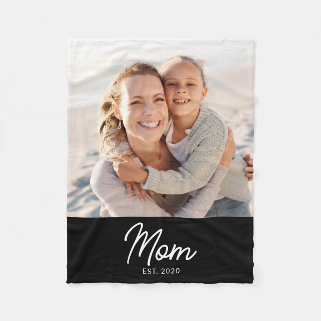 Mom Established Black Modern Script Photo Fleecefilt (Framsidan)