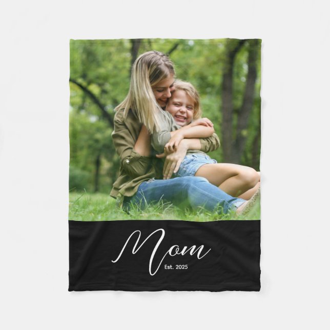 Mom Established Black Modern Script Photo Fleecefilt (Framsidan)