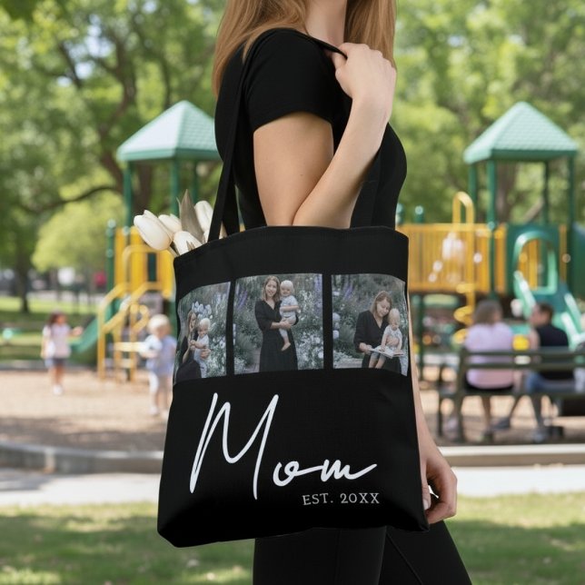 Mom Established Black Modern Script Photo Tote Bag Tygkasse (Skapare uppladdad)