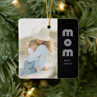 Mom Established Black White Retro Script Photo  Julgransprydnad Keramik