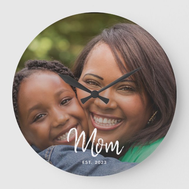 Mom Established Black White Script Photo Stor Klocka (Framsida)