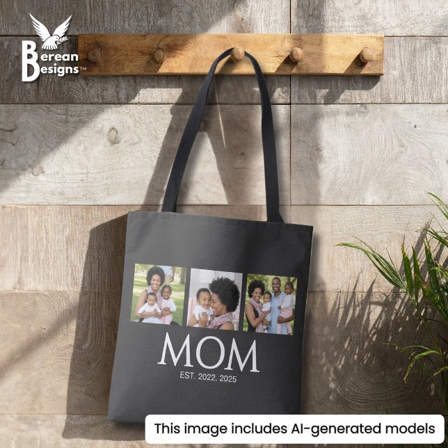 Mom Established Caps Black 3 Photo Tote Väska (Stylish 3-photo MOM ESTABLISHED tote bag with custom photos & text. Ideal Mother's day gift for moms)