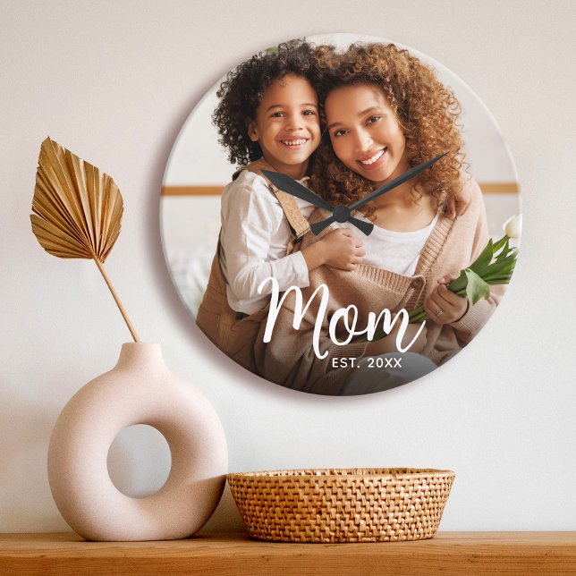 Mom Established Date White Script Custom Photo Stor Klocka (Skapare uppladdad)