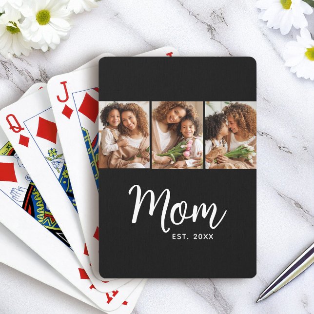 Mom Established Date White Script on Black 3 Photo Casinokort (Skapare uppladdad)